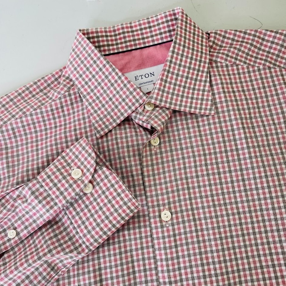 Eton Mens Cotton Plaid Button Up Shirt Pink Gray Casual Long Sleeve Preppy Large